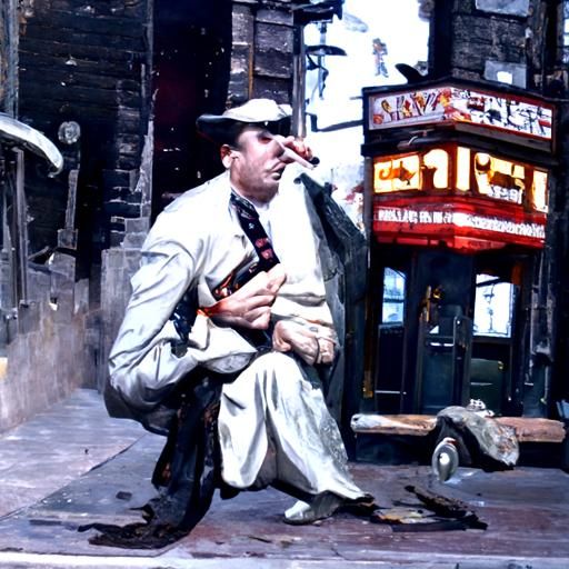1940's gangster smokes a cigarette outside of dive bar in Ne...