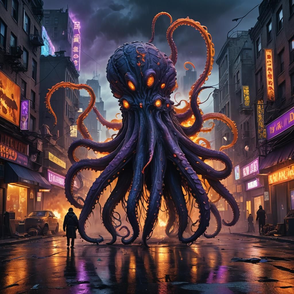 A huge tentacled monstrous creature stalking a war torn city...
