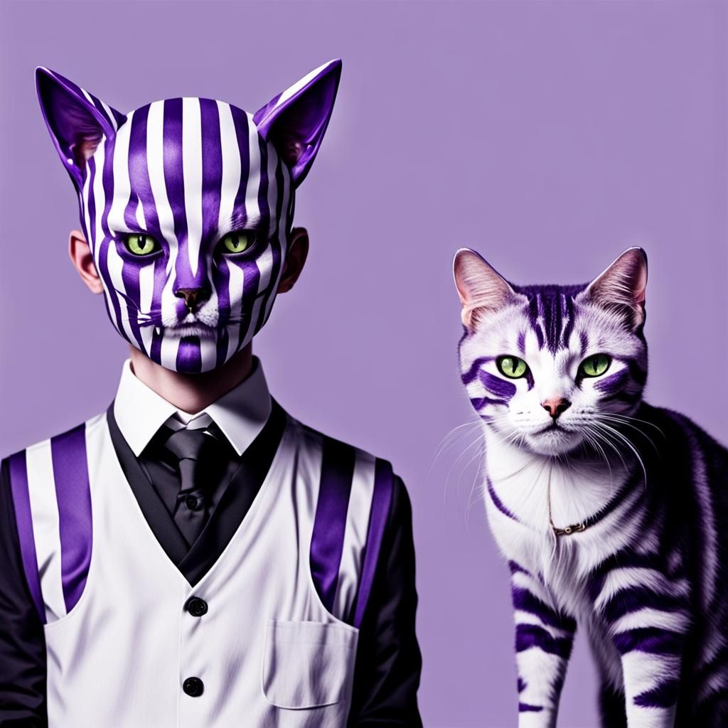 A menacing purple and white striped human with a cat head wi...