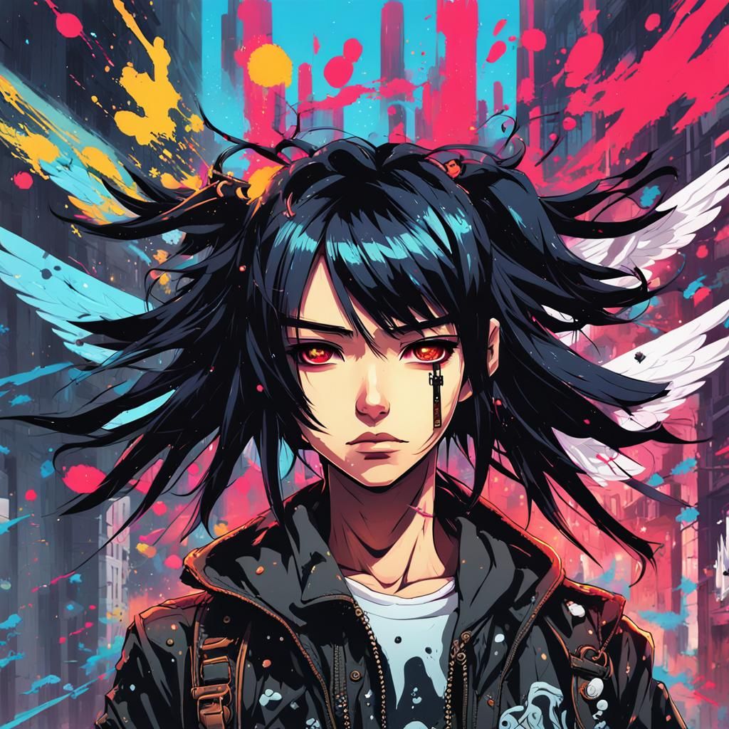 Punk girl angel with black hair Masterpiece, Best Quality, f...