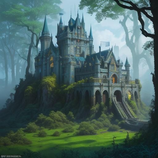 Majestic Castle in Lush Forest: Art Deco Fantasy