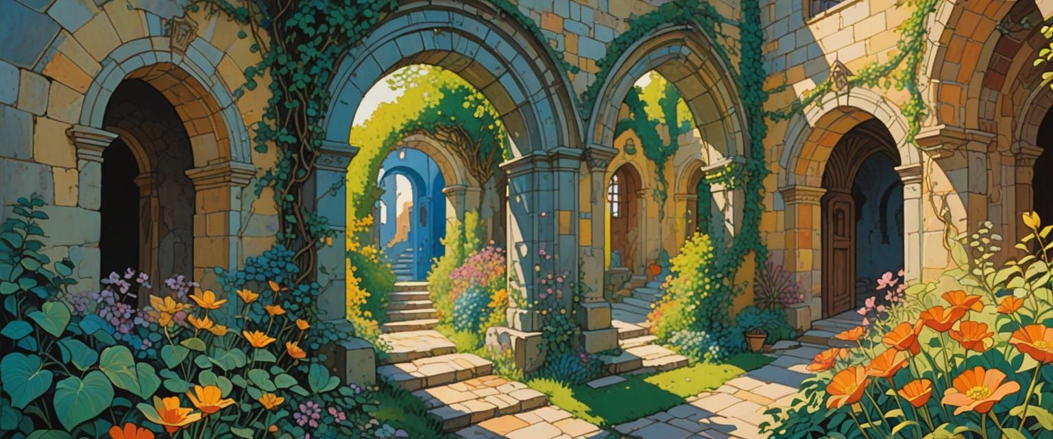 abandoned passageway, dungeon, monastery, mysterious, stone walls, stairs, arches, doorways, flowers, vines, courtyard, runes, bridge, comic...