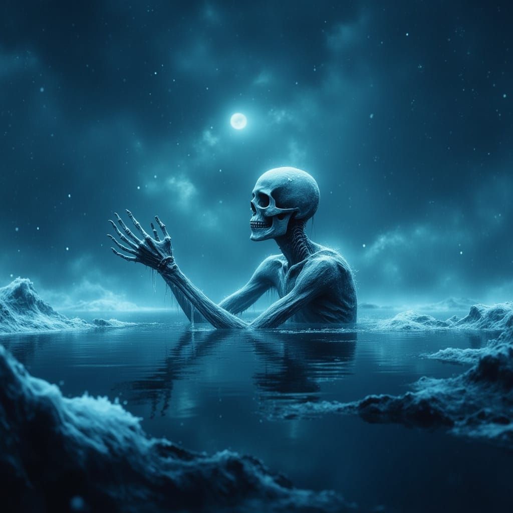 Skeletal Figure in Icy Depths, Surreal Gothic Art