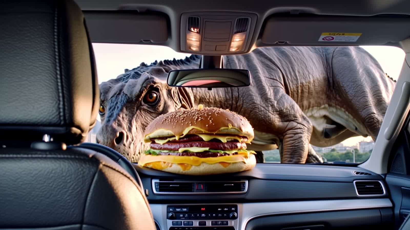 🦖🍔 8-Second Veo 3 Prompt — “T-Rex vs. T-Rex Burger”

> "Photorealistic scene of a massive Tyrannosaurus Rex sitting in...