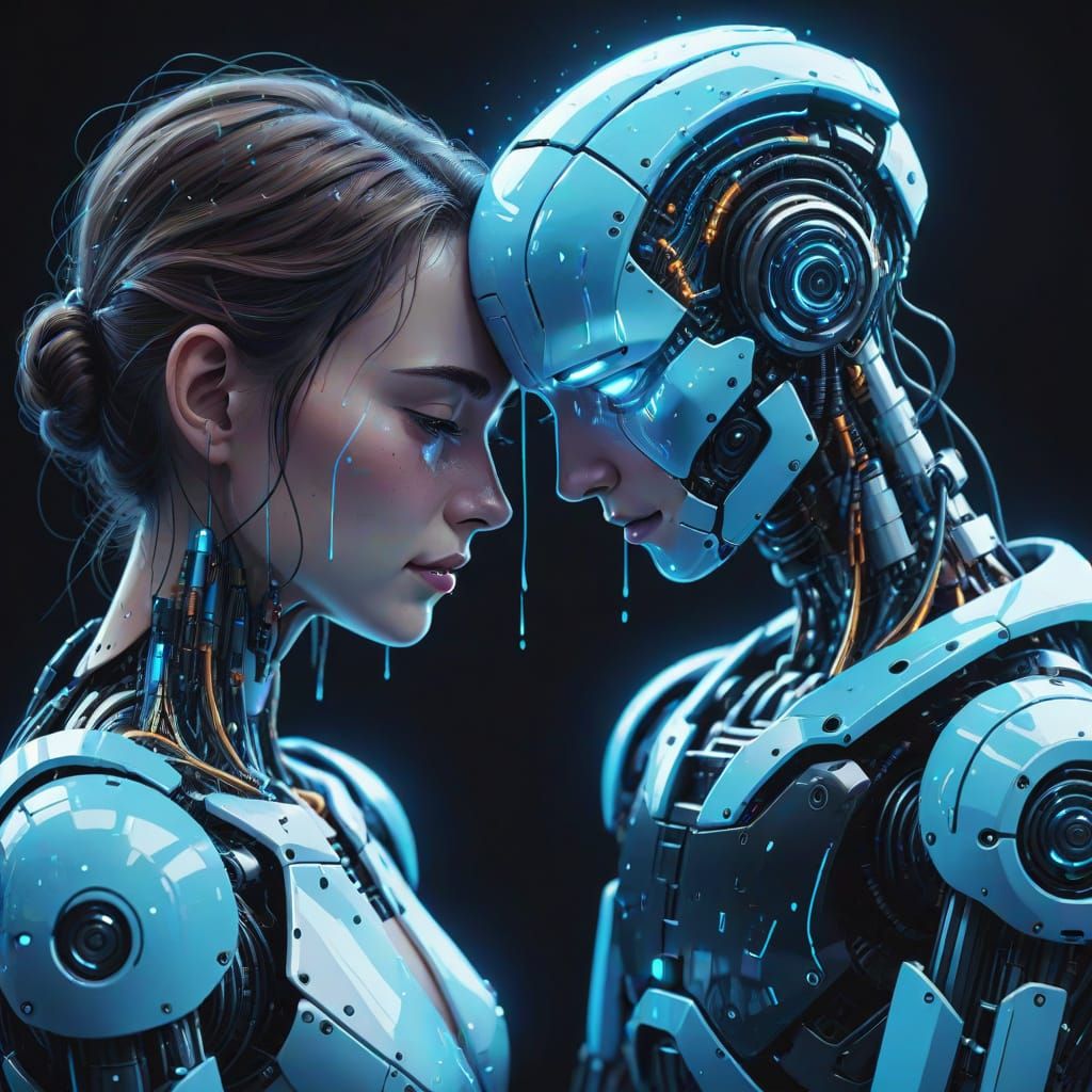 Futuristic Robot Comforts Crying Person in Pixel Art Masterp...