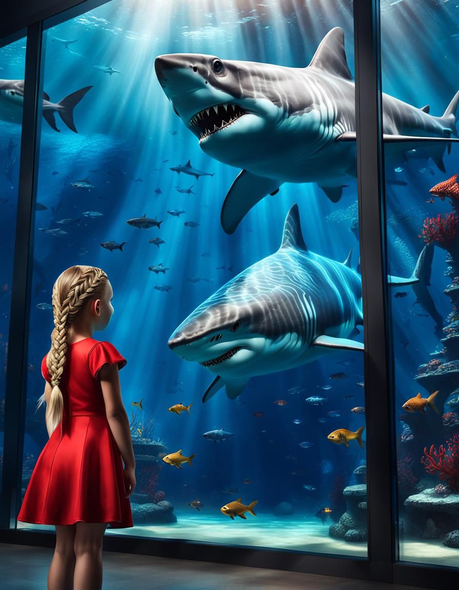 Little girl in red dress with blond braids loves sharks