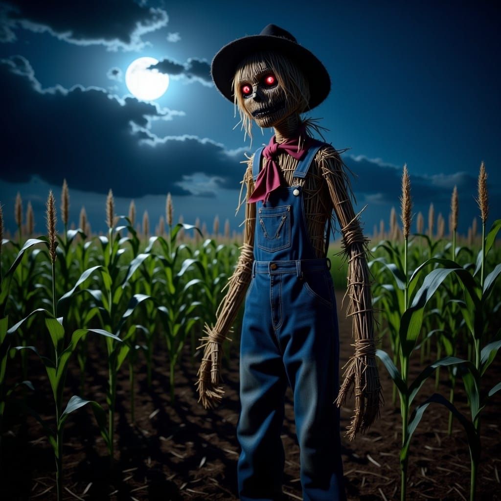 <lora:farm horror:1.0> a scarecrow outside in the corn field at night in the style of farm horror
