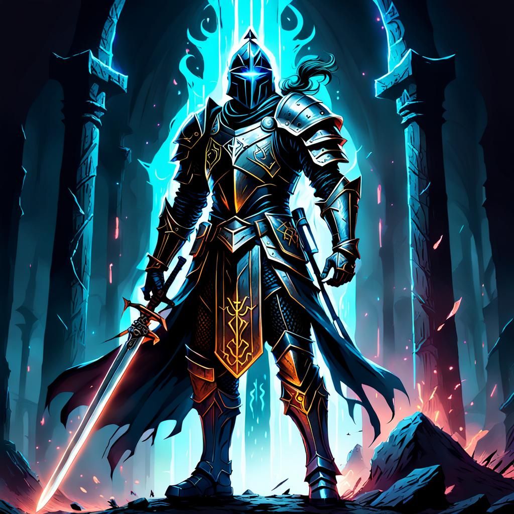 A heroic knight stands tall with a raised sword. A mage casts glowing runes in shadowy air. Metallic tones and neon light create surrealism.