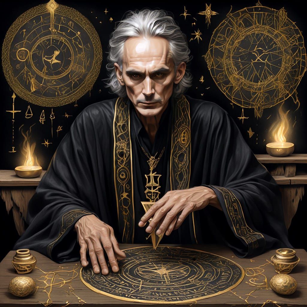 Frail Magician with Golden Accents in Charcoal Drawing