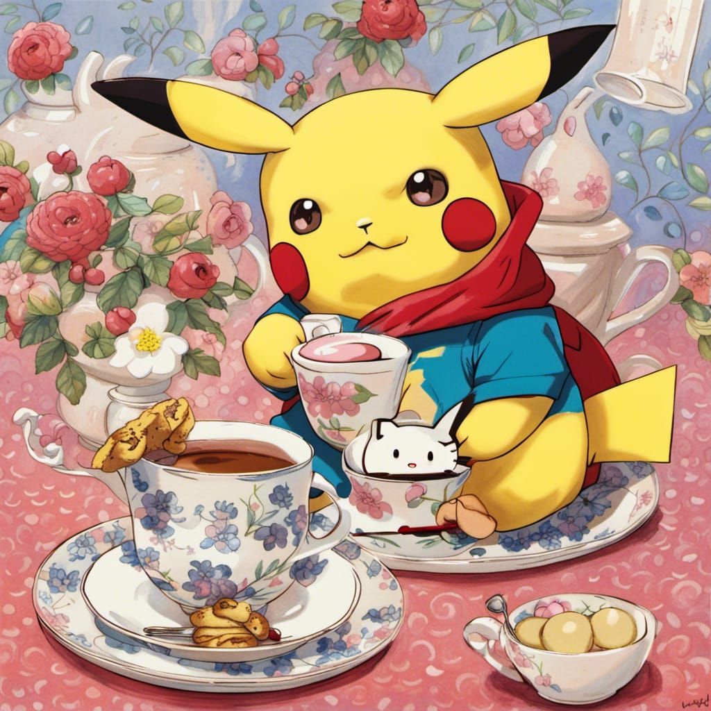 Pikachu having tea with hello kitty