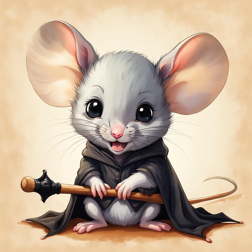 Portrait of an adorable baby mouse holding a bat