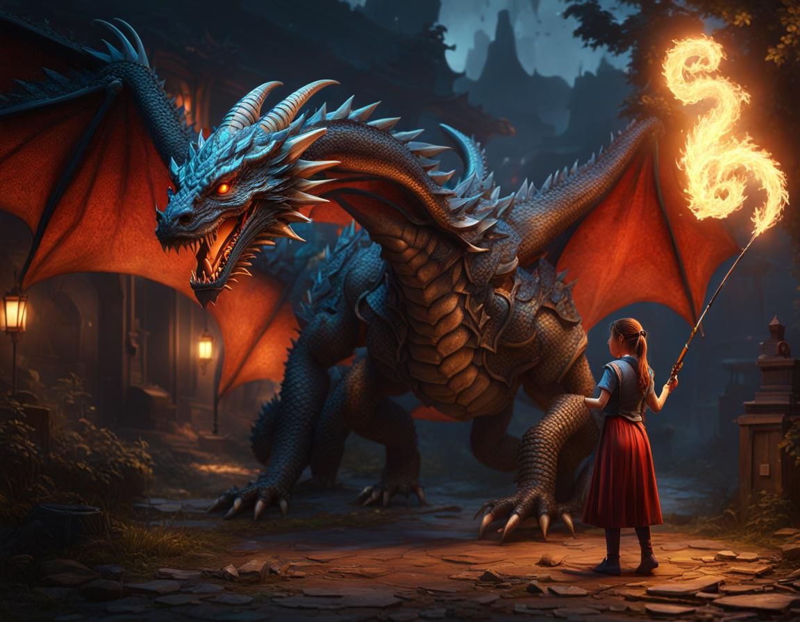 playing with her dragon pet