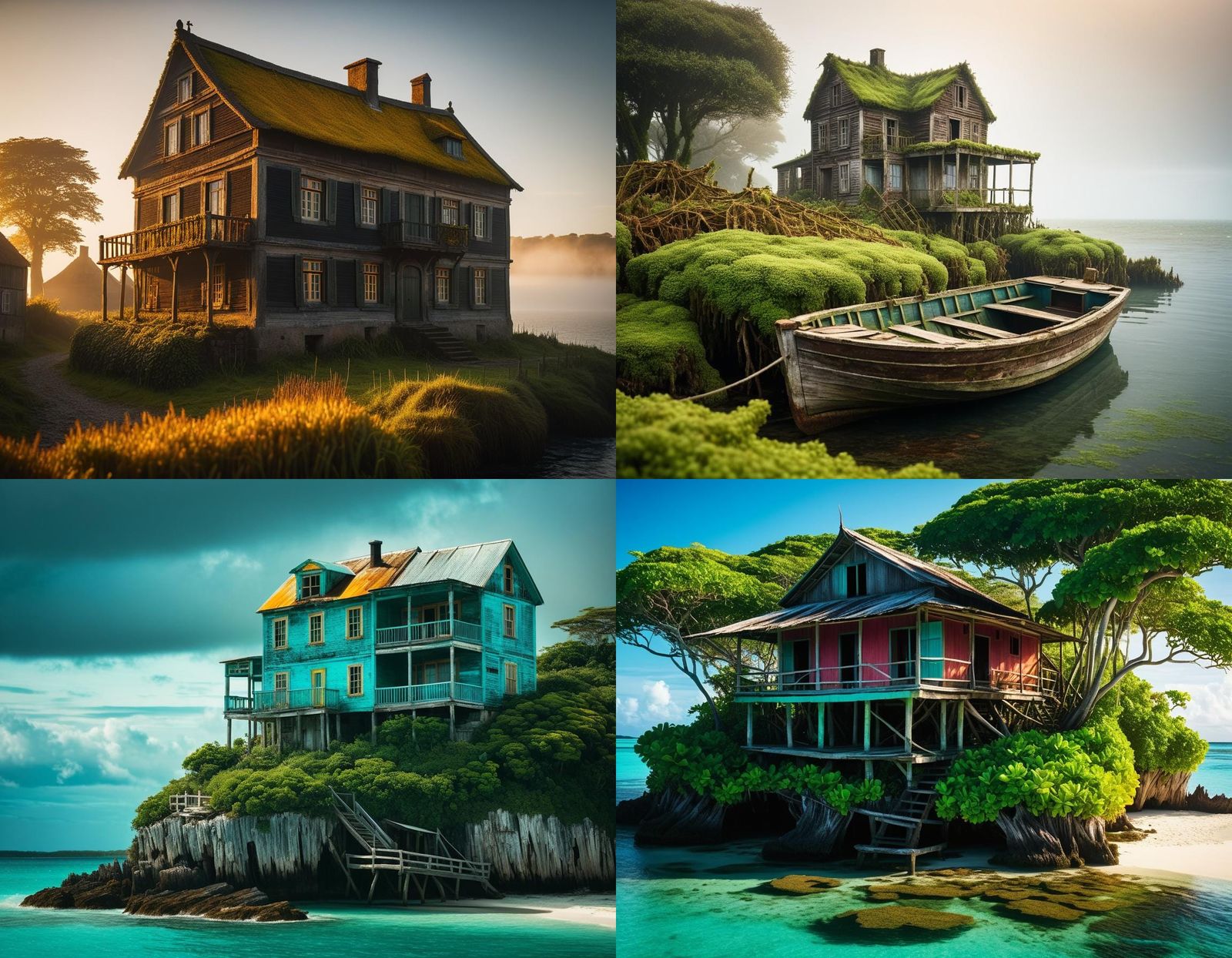 A multi-storey rickety old house on a tiny island in the middle of the ocean. Professional photography, bokeh, natural l...