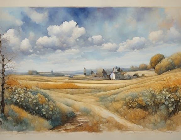 Whimsical Watercolor Village in a Golden Glow