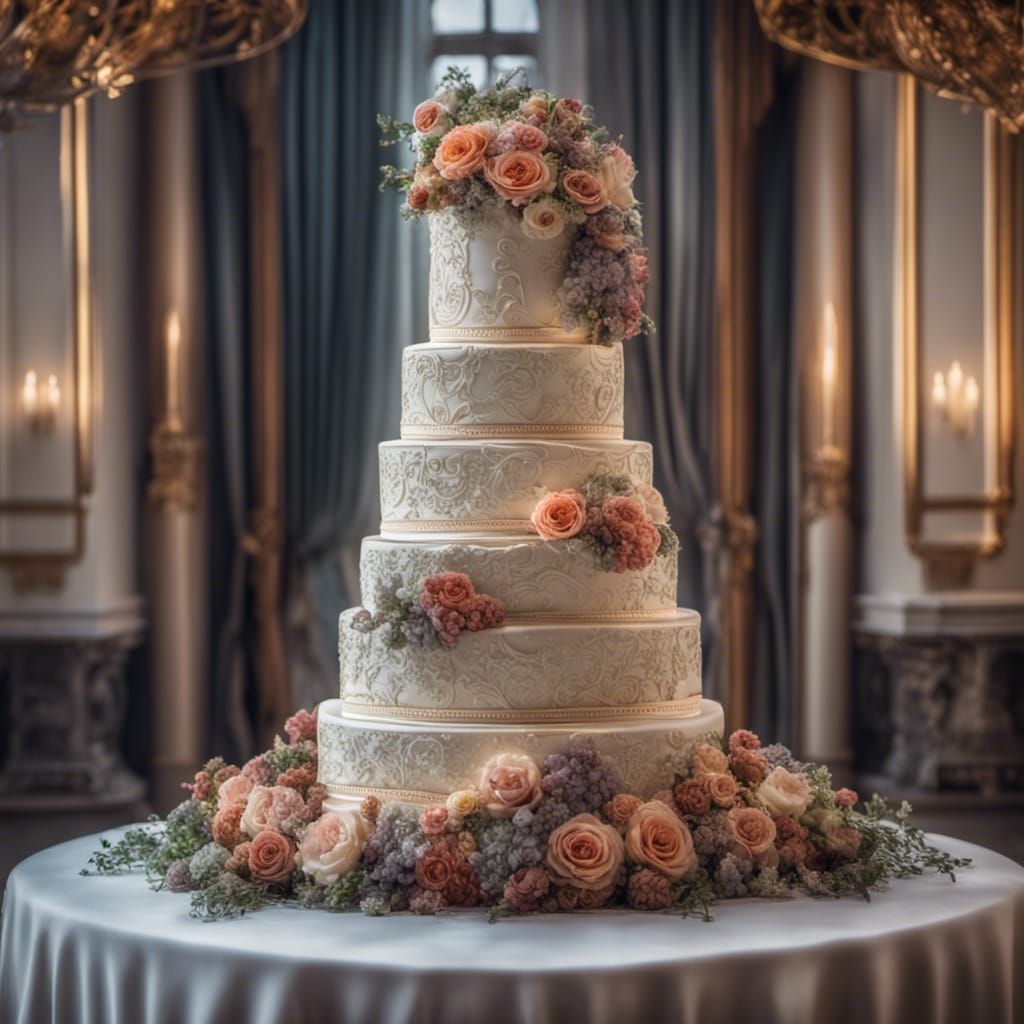 A tall sophisticated wedding cake with a mixture of not too ...