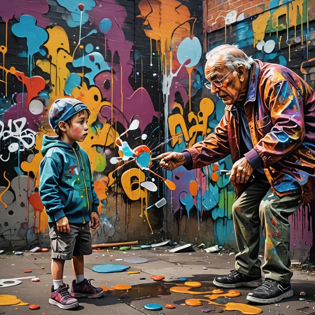 Clash Between Child and Grandfather in Graffiti Art