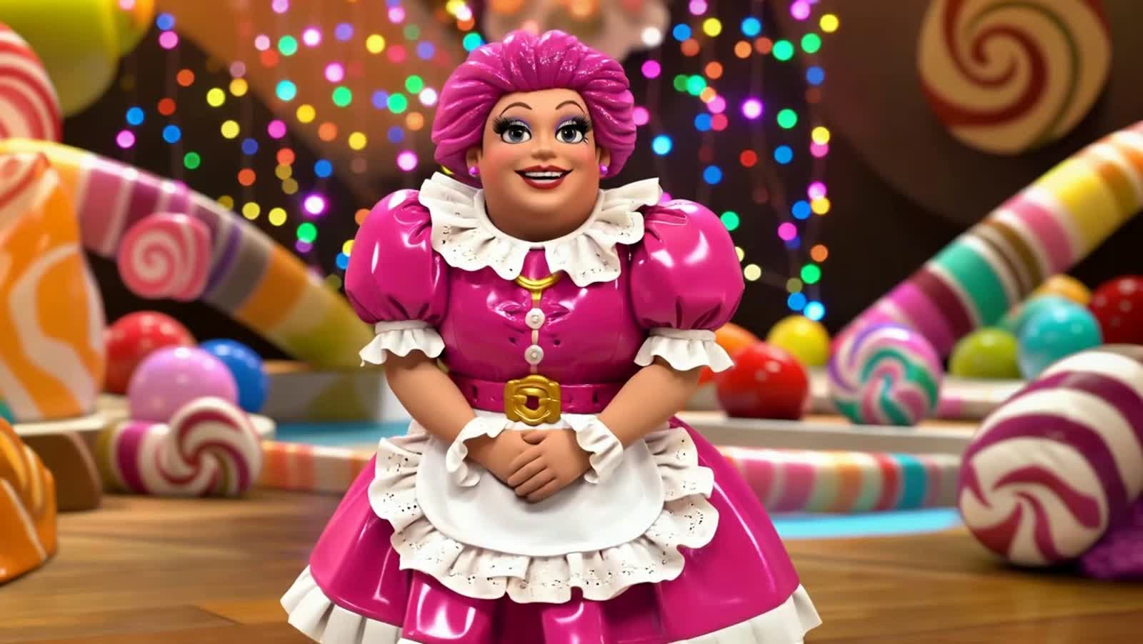 Full body pose of Sissy man in pink pvc maids dress Candy art style! Whimsical playful colorful! candy!!! 🍬🍭 Candyland...