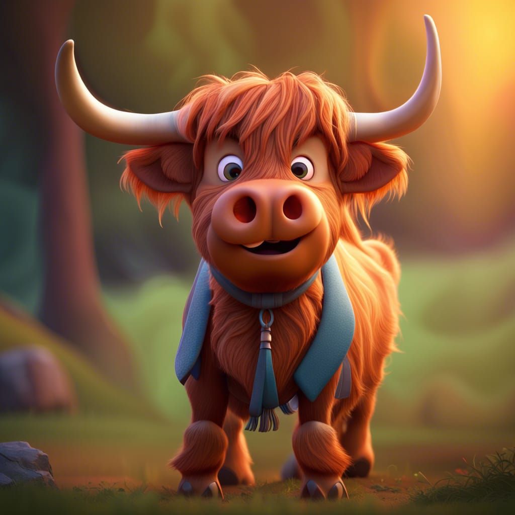 Cute Highland Cow in Pixar 3D Style
