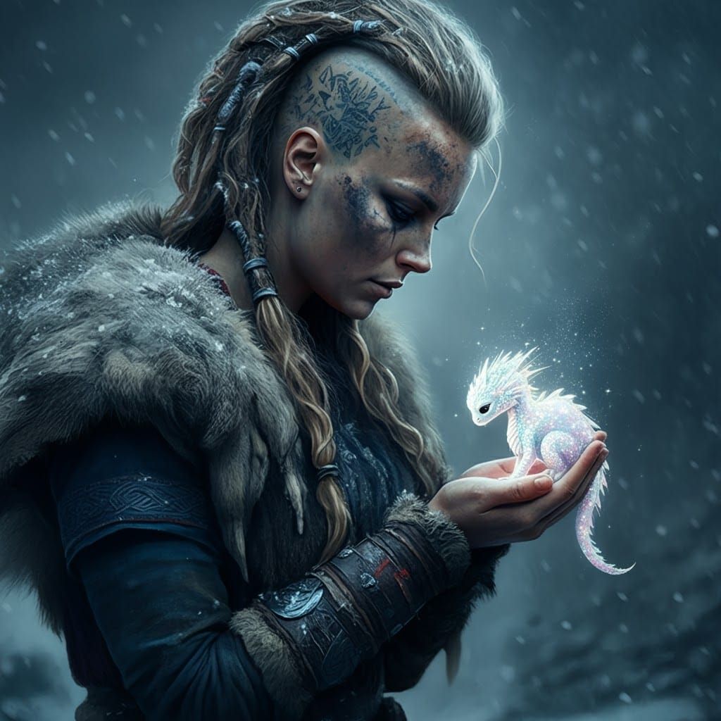 A fierce female Viking with Viking hair style, wet and covered in dirt and frost holding an extremely tiny cute sparkling white dragon in th...
