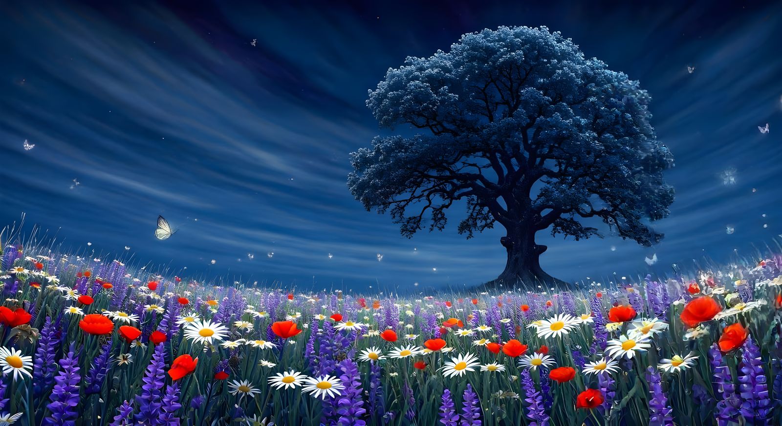 Ethereal Wildflower Meadow Under Starry Night Sky