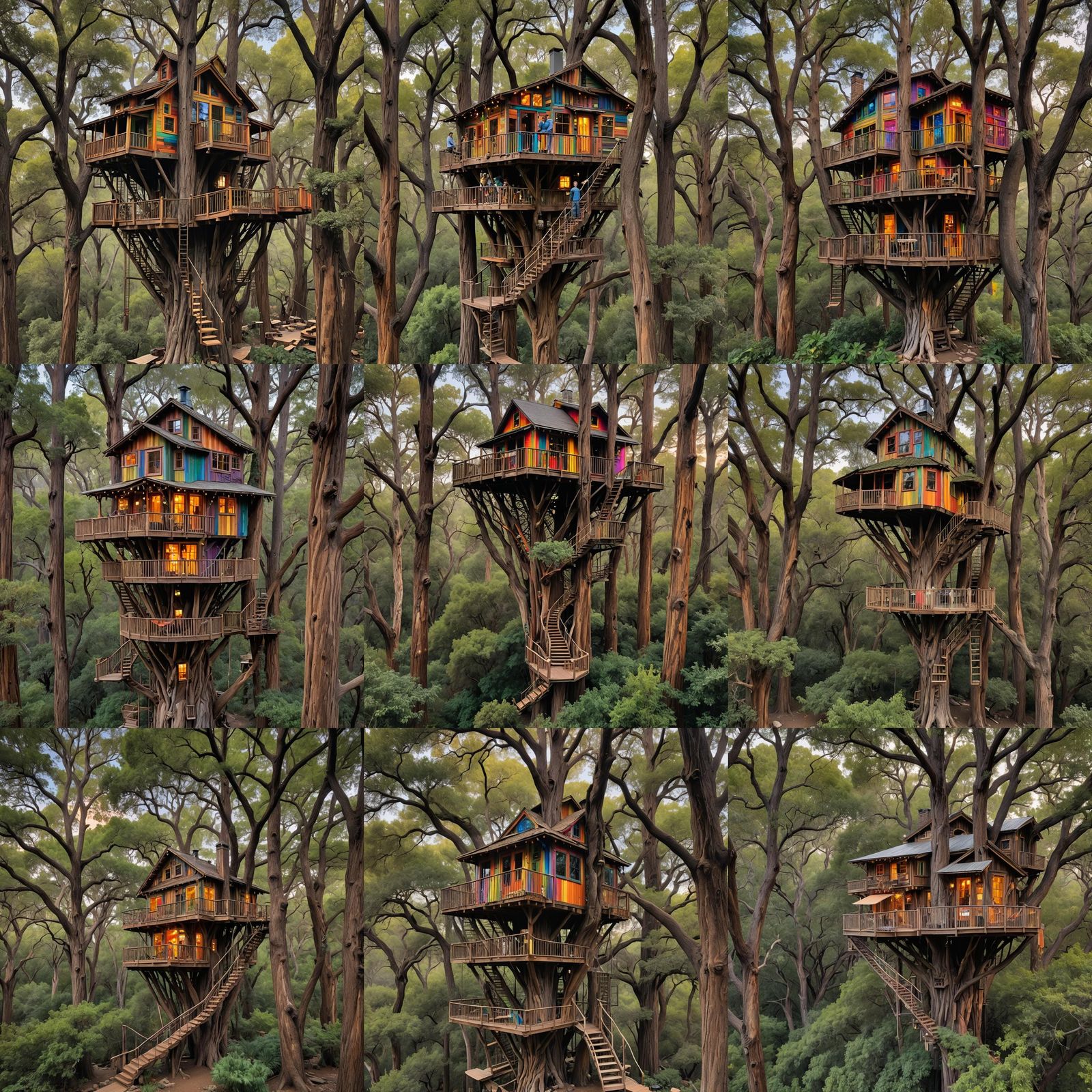 A beautiful rainbow colored three story treehouse up in a hu...