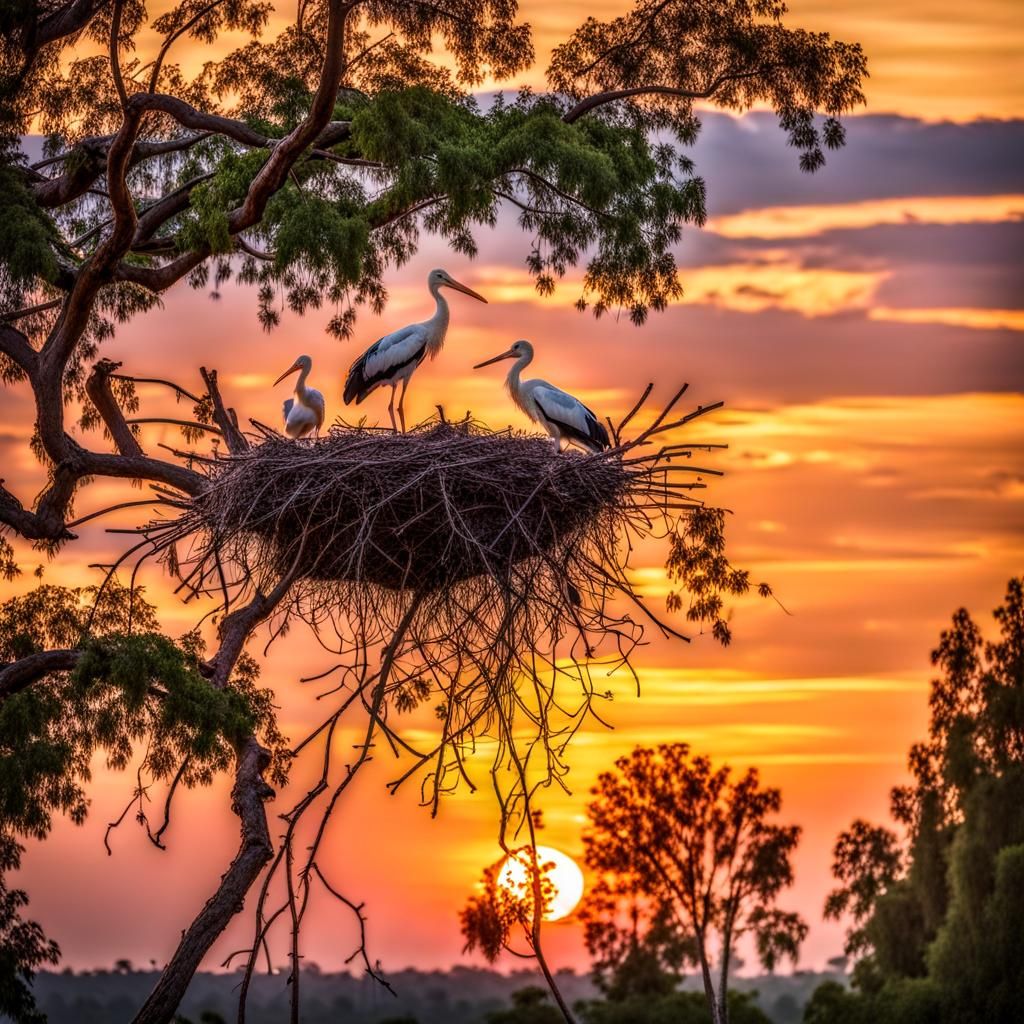 A stork's nest perched on a tree, with a stork feeding its young, sublime multicolored sunset, magnificent ...  by @Charlotte