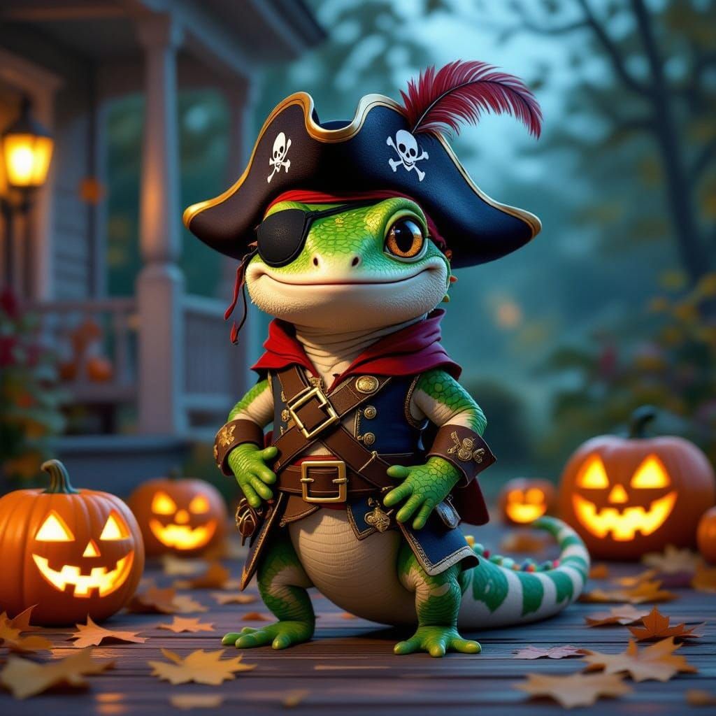 An anthropomorphic gecko dressed as a pirate for Halloween.  by @Missysmom