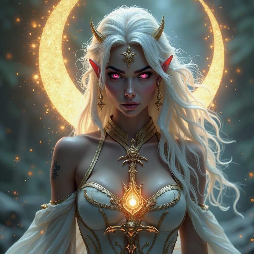 A captivating hyper-realistic fantasy splash art featuring a Drow priestess of Eilistraee. Her dark gray skin and pink eyes contrast with he...