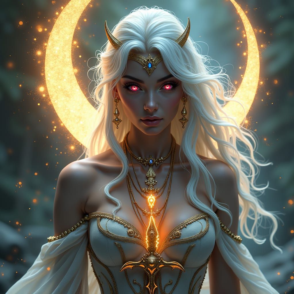 A captivating hyper-realistic fantasy splash art featuring a Drow priestess of Eilistraee. Her dark gray skin and pink eyes contrast with he...