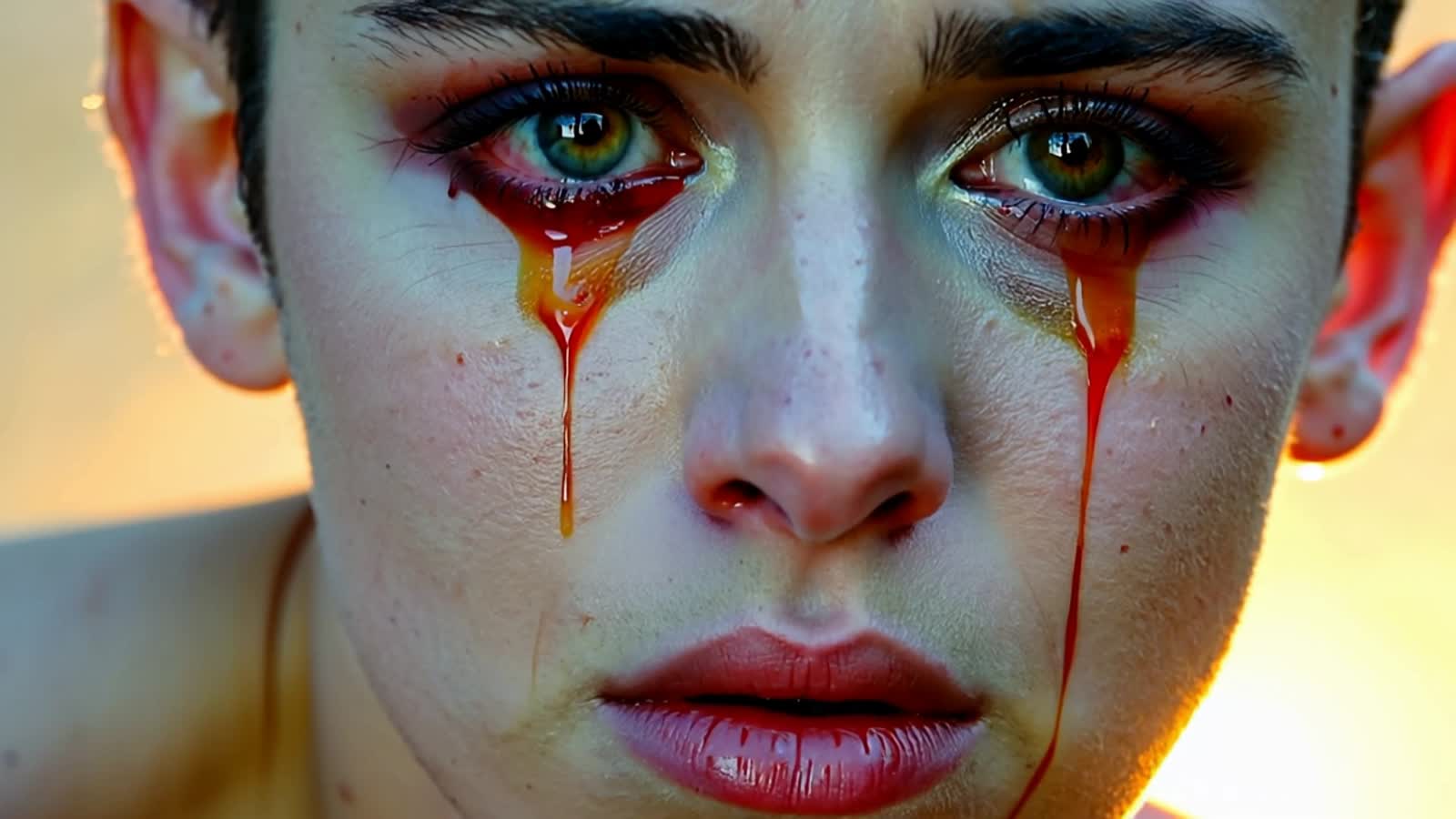 Surrealism. Close-up. A blurry, distorted face with tears streaming down. Oil on canvas. Soft, blended brushstrokes merg...