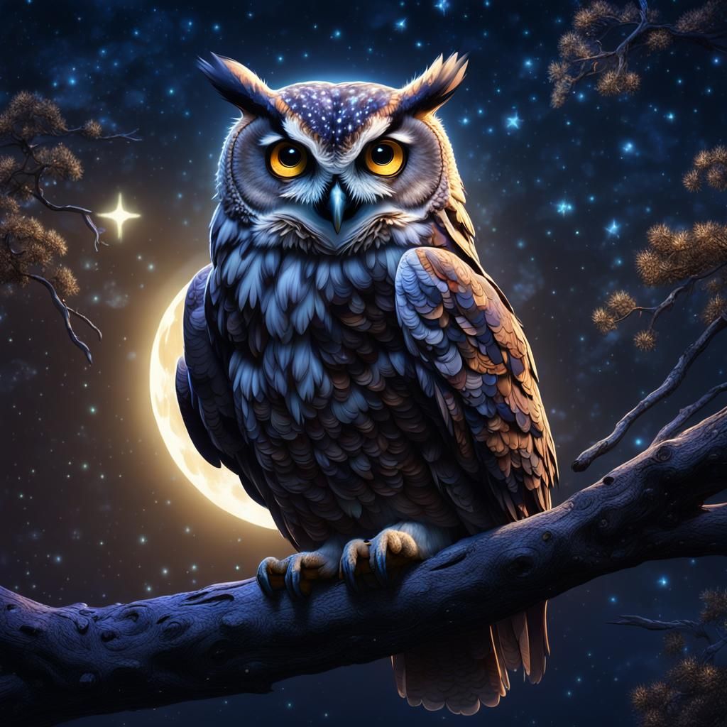 a moonlit portrait of an owl perched on a tree branch - AI Generated ...