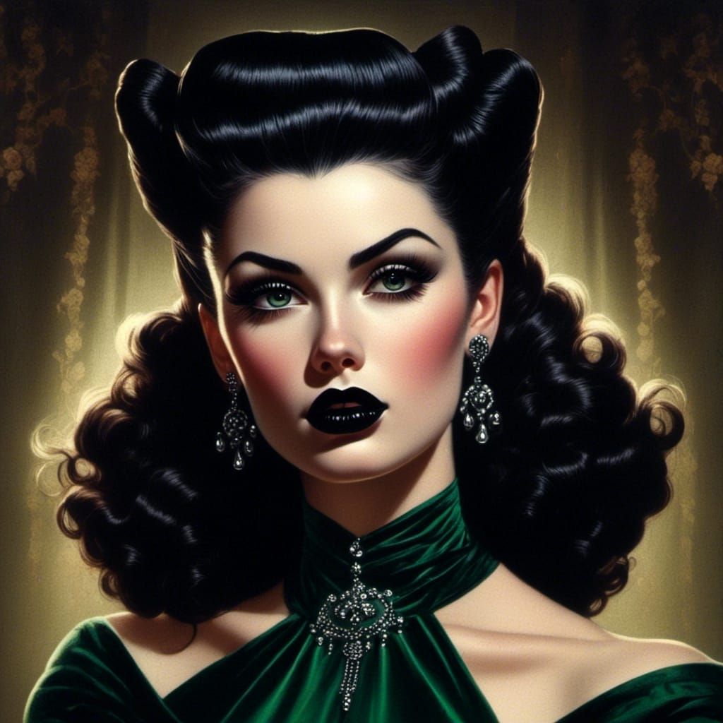 <lora:Midnight Retro:1.0> portrait, goth woman with green eyes and dark hair, wearing 1950’s vintage dress in black, dramatic goth makeup wi...