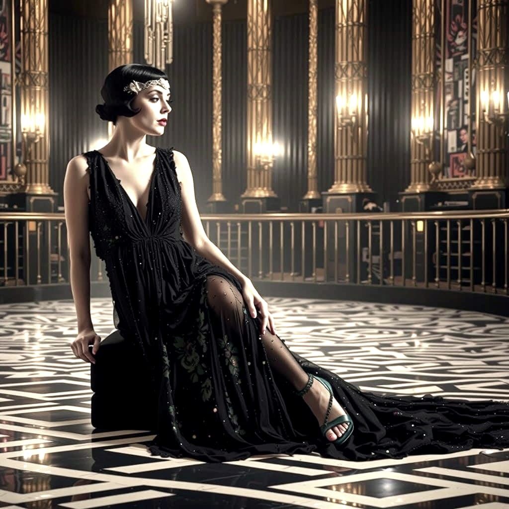 Flapper Goddess in Opulent Art Deco Ballroom