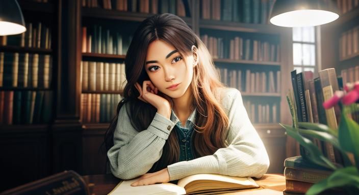 Lovely girl in her library ...