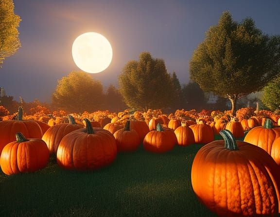 a fantasy landscape of a pumpkin patch, bright full moon shining down ...