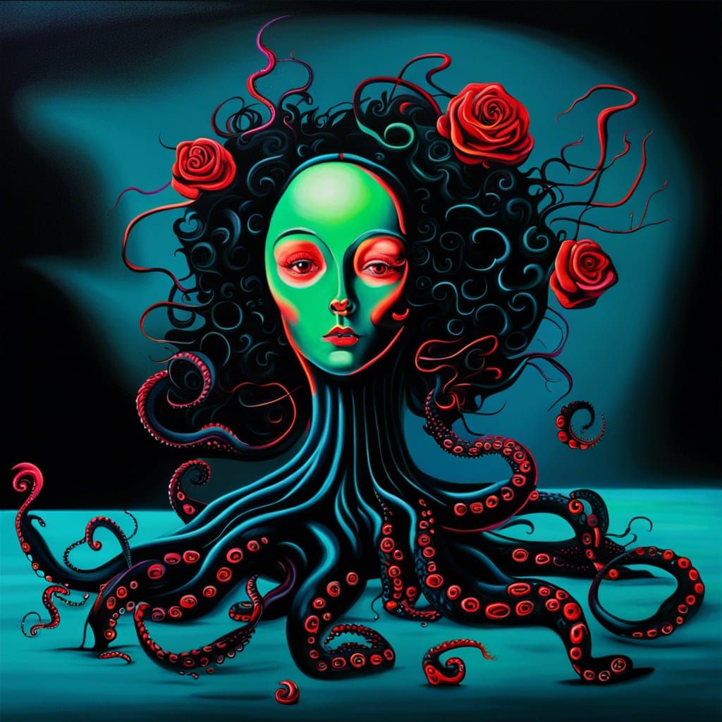 Red passion Mona Lisas black rose and The octopus mind ai in...