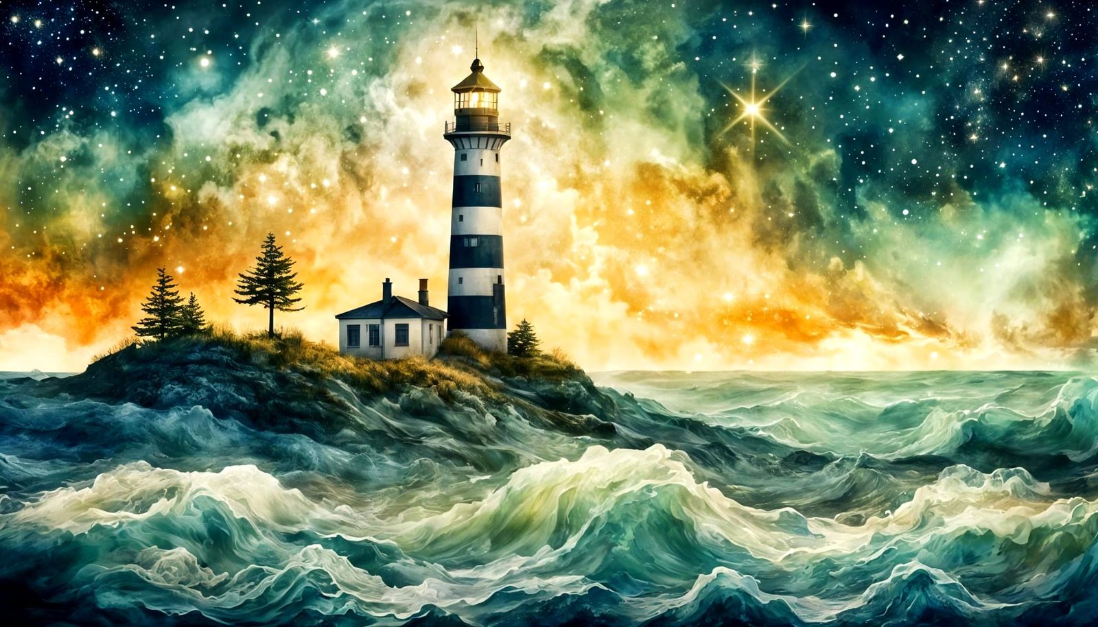 Lighthouse and stormy sea at night  by @Nimira