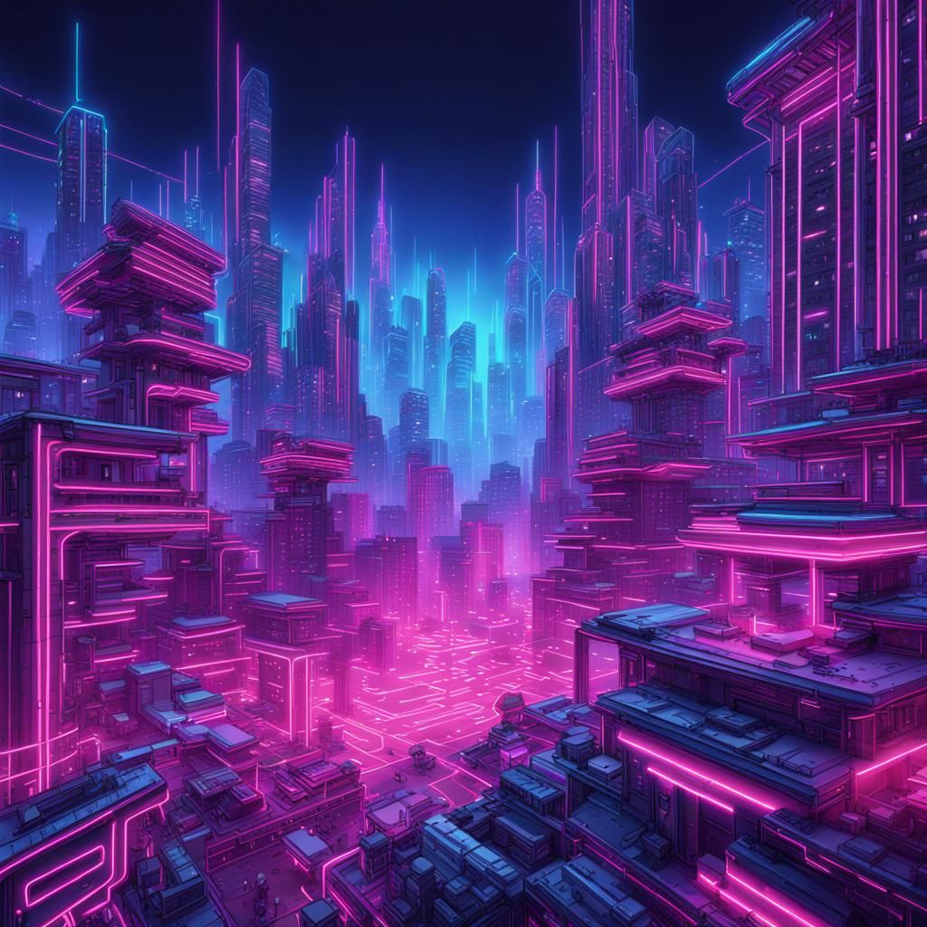 Blue neon line drawing computer chip of futuristic city pink...