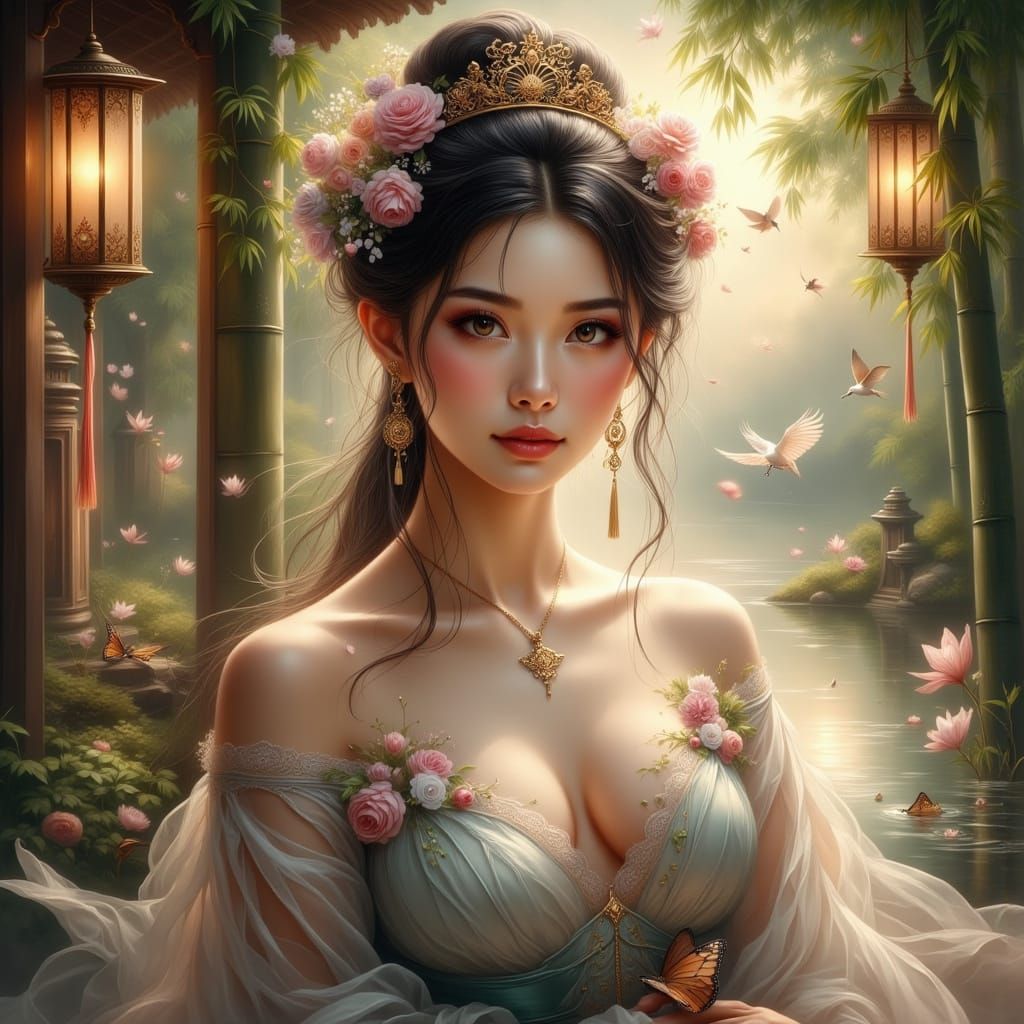 Elegant Han Lady in Bamboo Gazebo Digital Painting