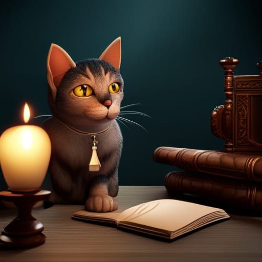 A cat sitting at a desk under candle light holding a book