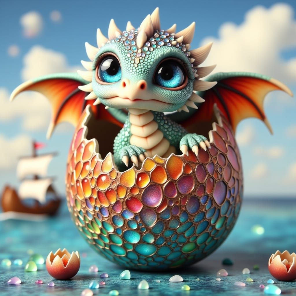 <lora:Flux Real BabyDragon:1.0> baby dragon, big expressive eyes, intricate scales, symmetrical wings; sailing ship, ocean, sunny sky/Pablo...