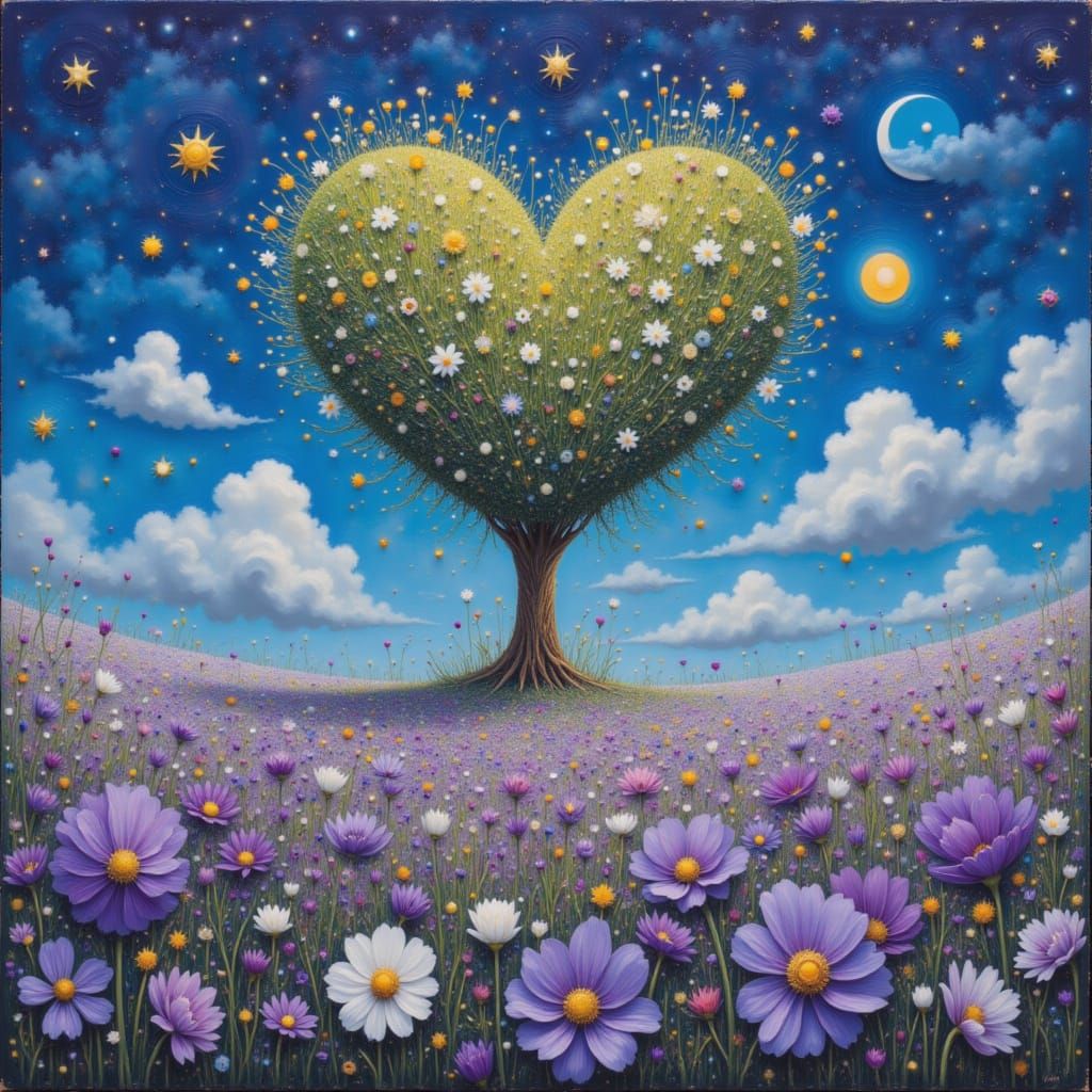 Holographic Heart Tree in Lavender Field, Starry Night Sky
