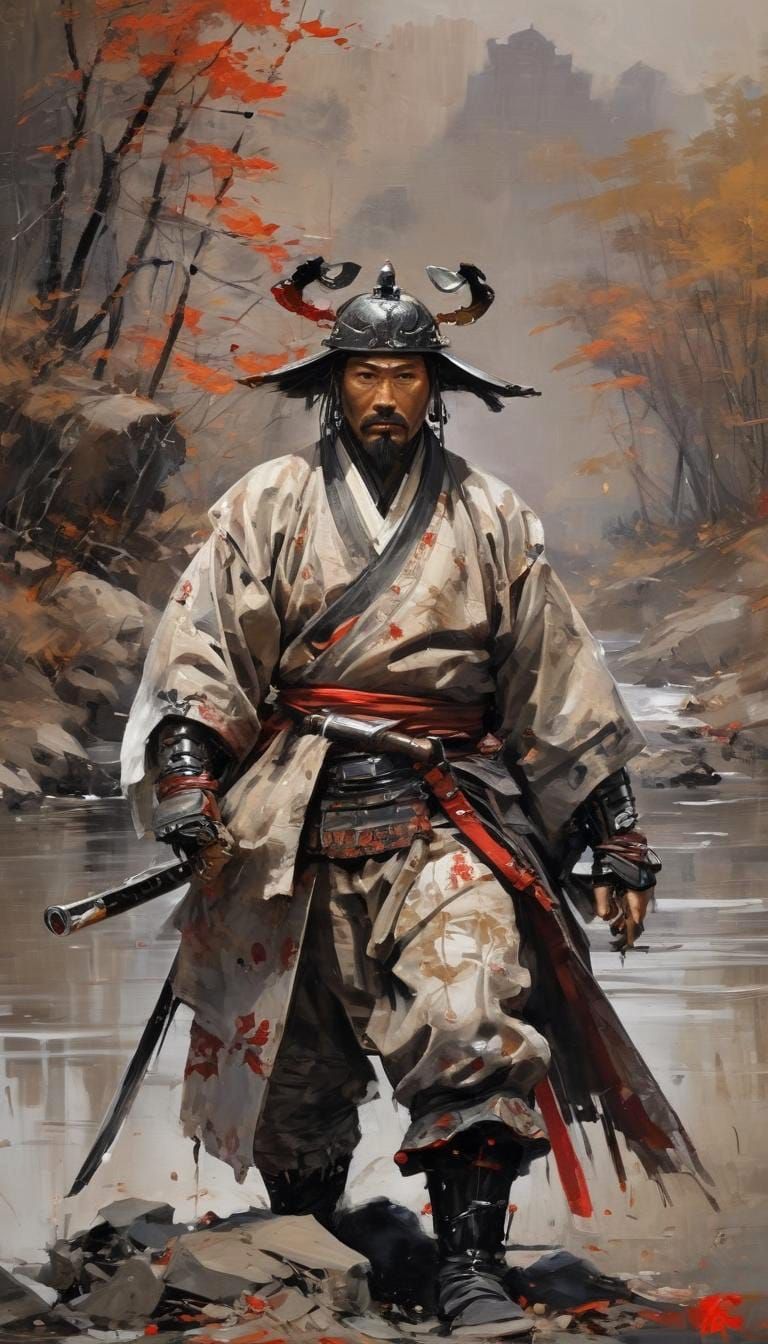 Surreal Samurai Shogun in Post-Apocalyptic Fantasy Landscape