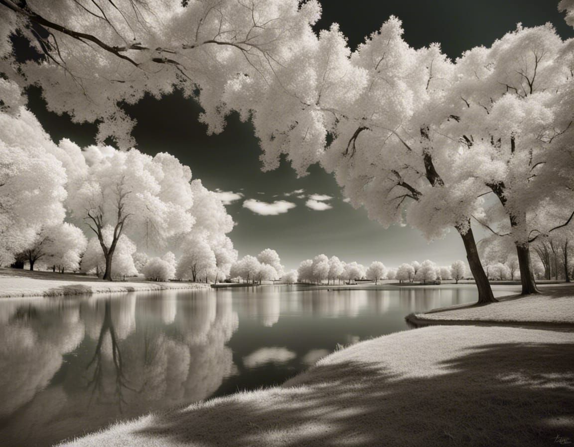 IR photo park near a lake and grassy knoll 