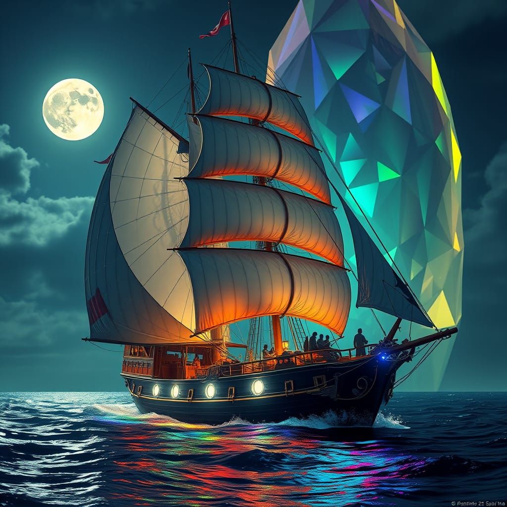 Prismatic Sails on Dark Sea, Dreamlike Matte Painting