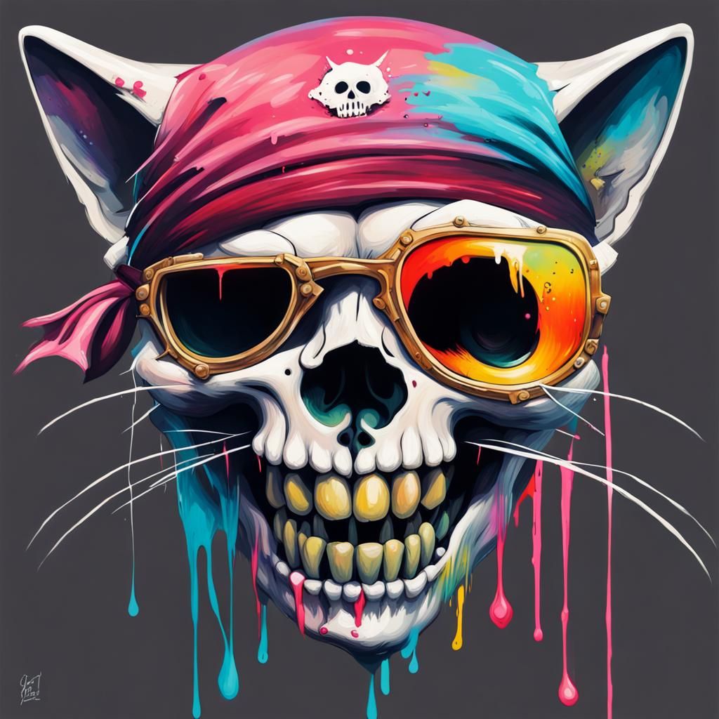 skull of a one-eyed pirate cat with fangs
