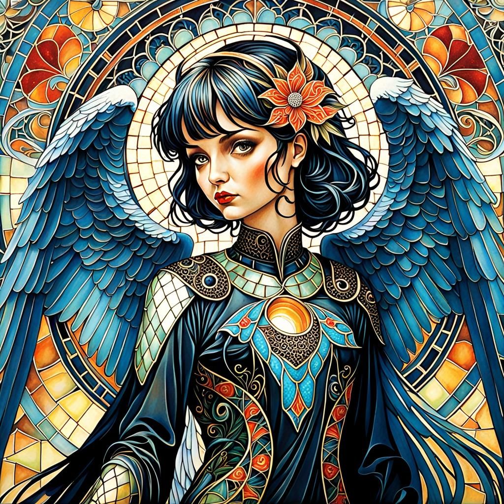 portrait, art nouveau, illustration, mosaic, gothic ANGEL, P...
