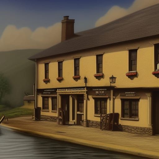 "Realistic painting of an old  Irish village pub"