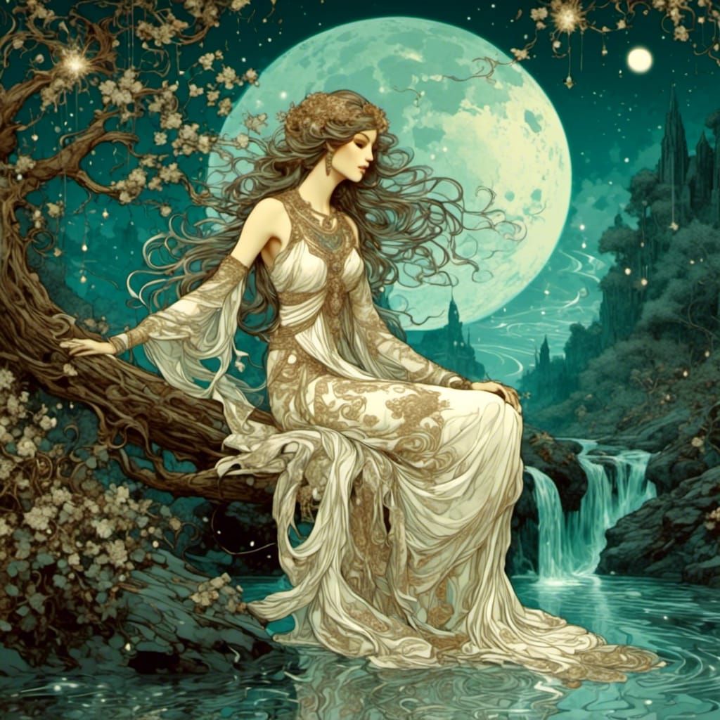 Moongazing Woman in Art Nouveau Fairytale Landscape