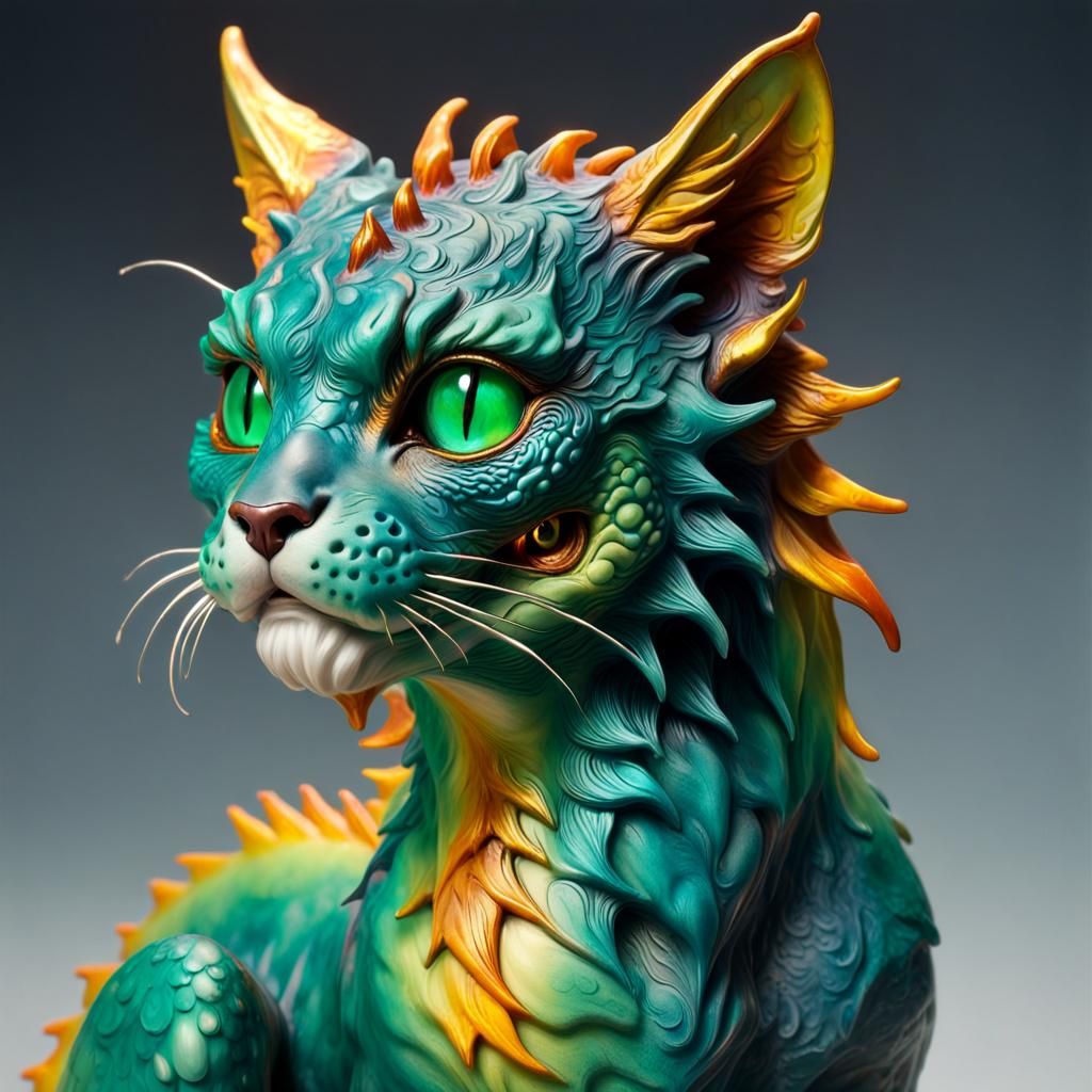 Cat dragon Hyperrealistic, splash art, concept art, mid shot...